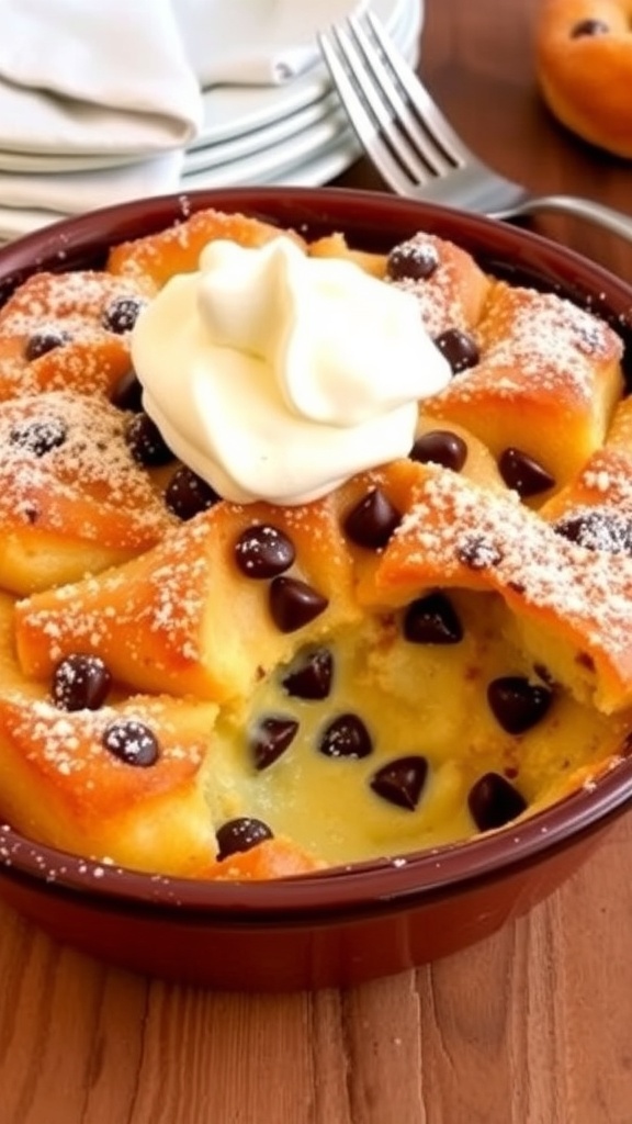 A delicious donut bread pudding with chocolate chips, dusted with powdered sugar, in a rustic dish.